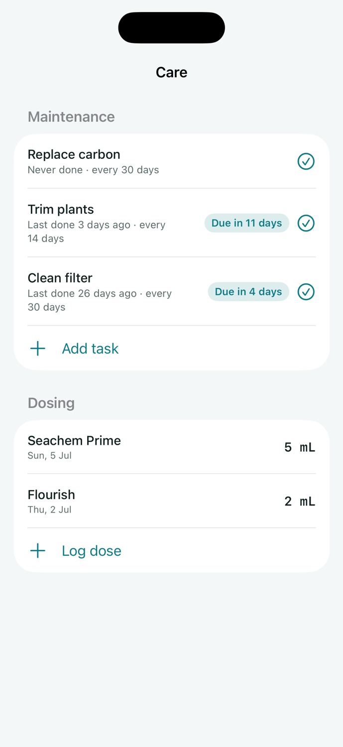 Nitrify Care log with maintenance tasks — clean filter, trim plants, replace carbon — showing next-due pills, and a dosing log with Seachem Prime and Flourish entries.